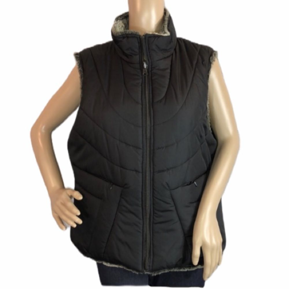 ZLC Collections Black Reversible Puffer Vest Faux Fur Large L